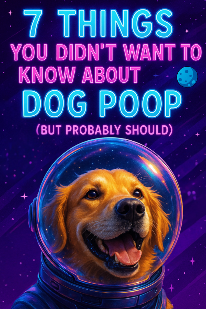 Dog in a space helmet floating in a colorful galaxy, representing a fun and educational theme about dog poop facts from ScooperNova